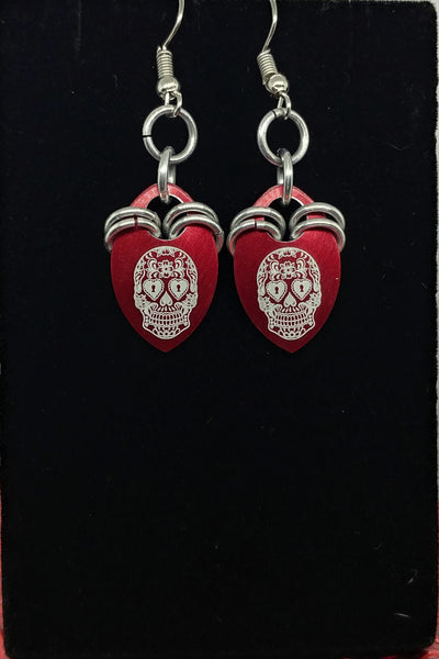 Etched Red Sugar Skull Scale Earrings